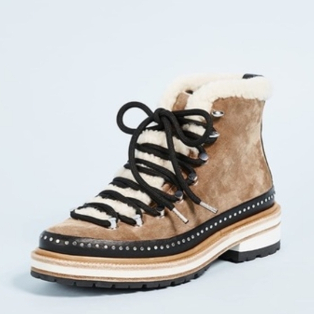 Rag & Bone Compass Shearling Tie Front Booties In Tan/Black, Size 9 - Picture 2 of 8